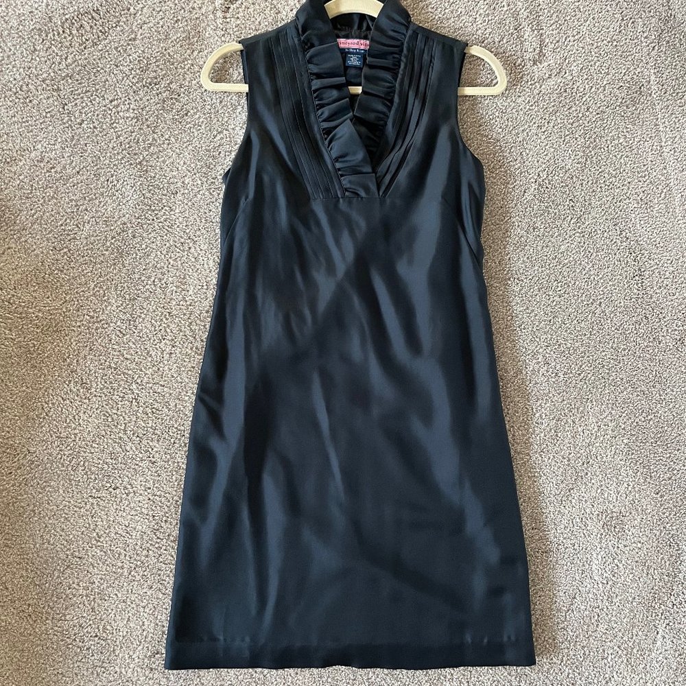 Vineyard Vines Silk Black Ruffle-Collar V-Neck Dress, Size 2 (NWOT)